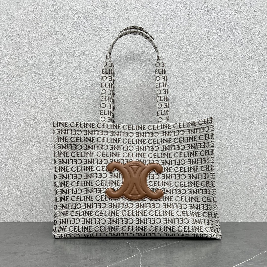 Celine Large Cabas Thais In Textile With Celine All-Over Print And Calfskin Cream 196762